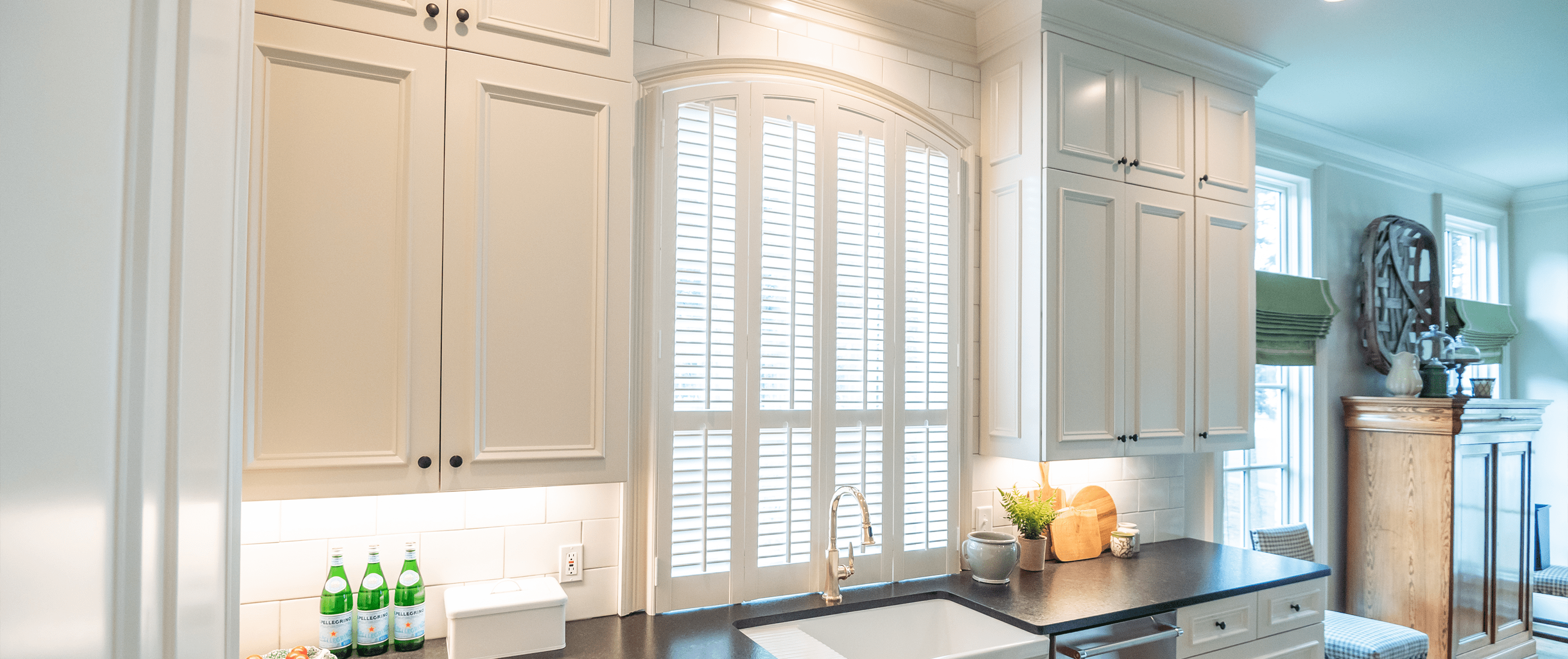 white moveable louvered interior kitchen shutters custom Dwell Shutter and Blinds window treatment